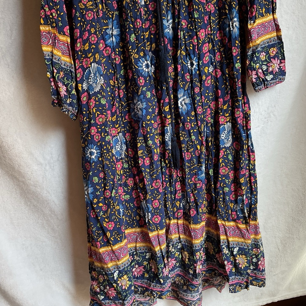 Floral Boho  Dress Womens XS Long Sleeve Midi Maxi Cottagecore Tassels - Picture 3 of 13